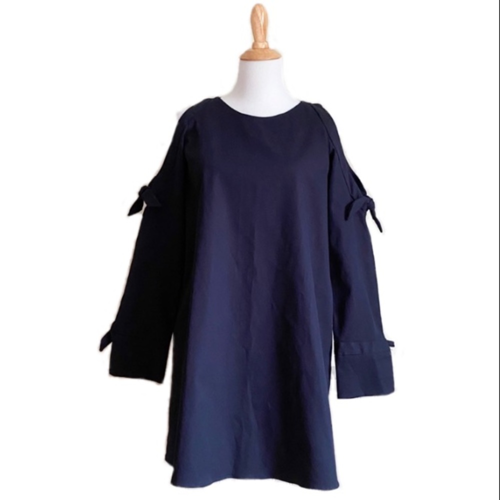 Brand New Zara Navy Mini Dress with Cold-Shoulder Cut-Away Sleeves & Bows - Picture 1 of 11